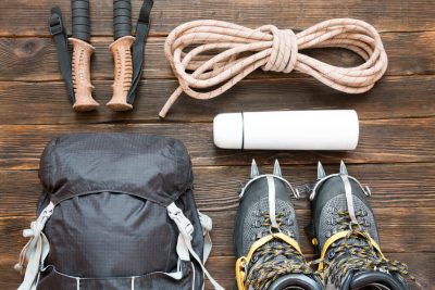 climbing equipment: rope, trekking shoes, crampons and other set